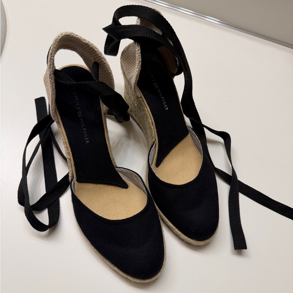 Tommy Hilfiger Black Canvas Espadrille Wedge with Ankle Wraps size 9